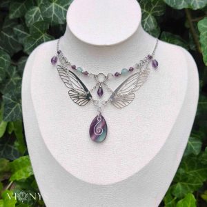 Silver necklace in purple colours, butterfly wings and Fluorite - Ireya