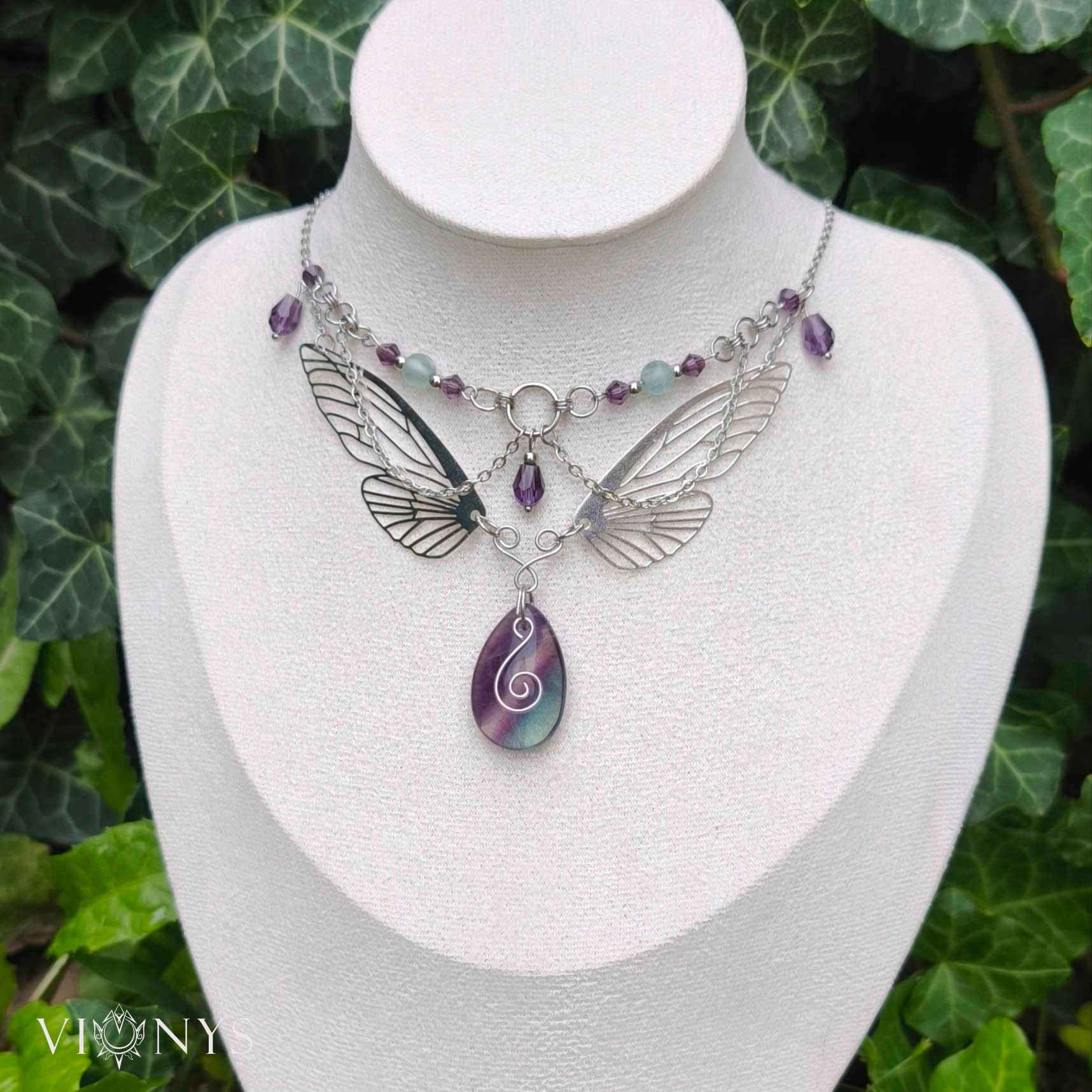 Silver necklace in purple colours, butterfly wings and Fluorite - Ireya