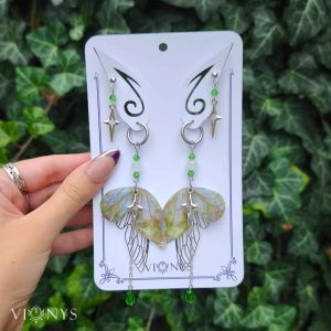 Set of silver butterfly earrings in green and pink colours with Moonstone - Valery.