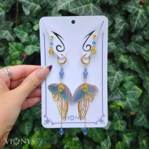 Set of golden butterfly earrings in blue and pink colours with Chalcedony- Valery.