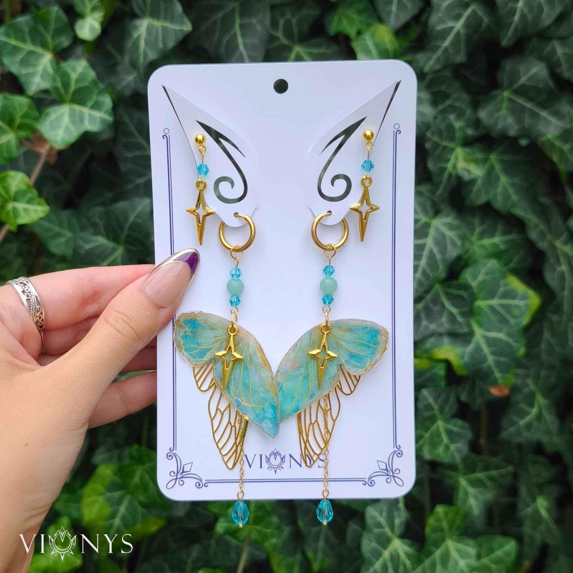 Set of golden butterfly earrings in turquoise colours with Amazonite - Valery.
