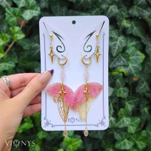Set of golden butterfly earrings in pink colours with Fluorite - Valery.