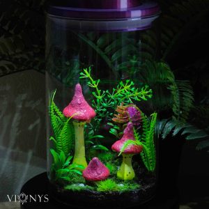 Fantasy LED lamp in white variant with 3D printed yellow and pink mushrooms and vegetation inside.