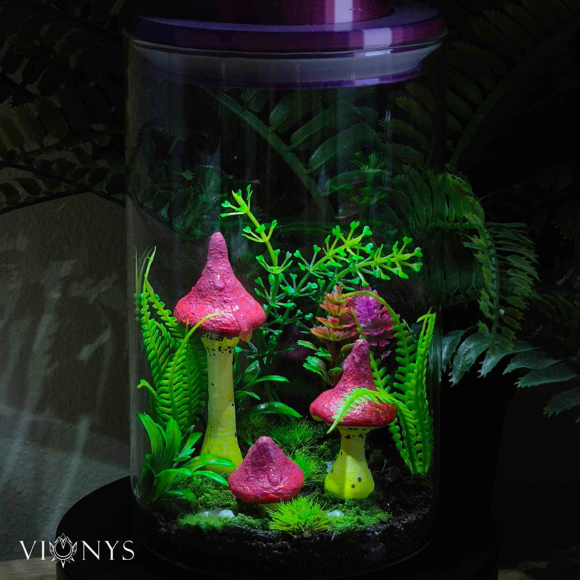Fantasy LED lamp in white variant with 3D printed yellow and pink mushrooms and vegetation inside.