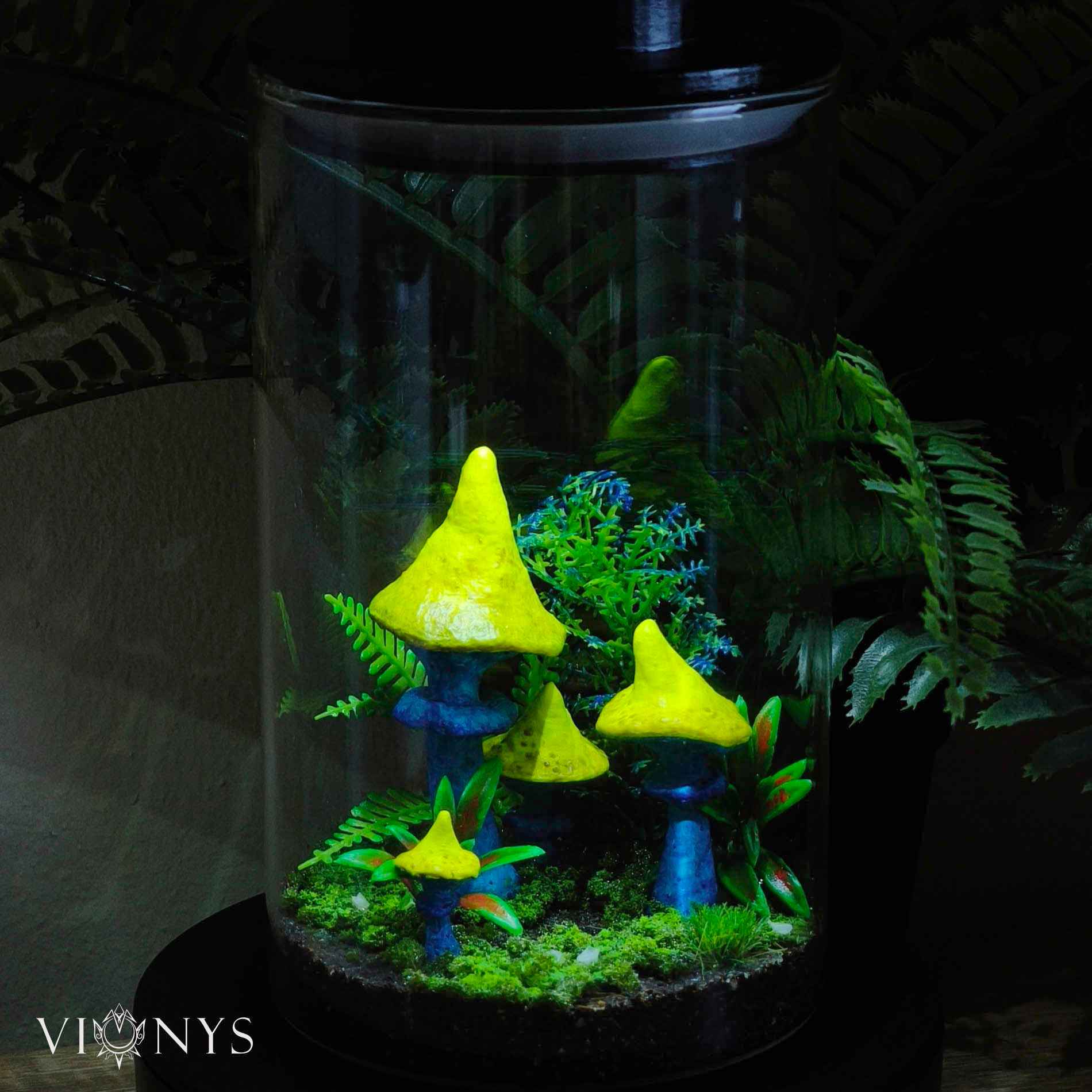 Fantasy LED lamp in white variant with 3D printed yellow and blue mushrooms and vegetation inside.