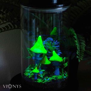 Fantasy LED lamp in UV variant with 3D printed yellow and blue mushrooms and vegetation inside.