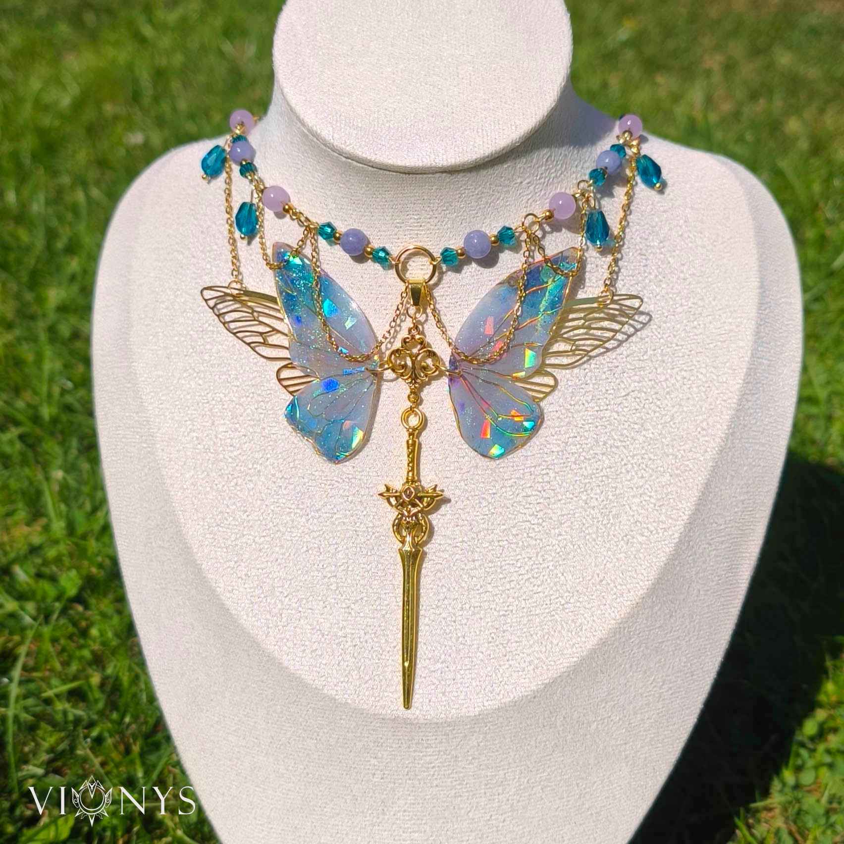 Golden fantasy butterfly necklace with Chalcedony - Lesianna