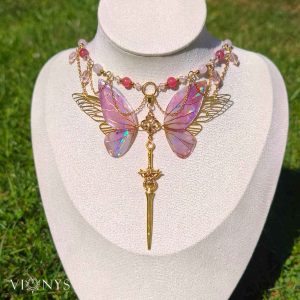 Golden fantasy butterfly necklace with Rose quartz - Lesianna