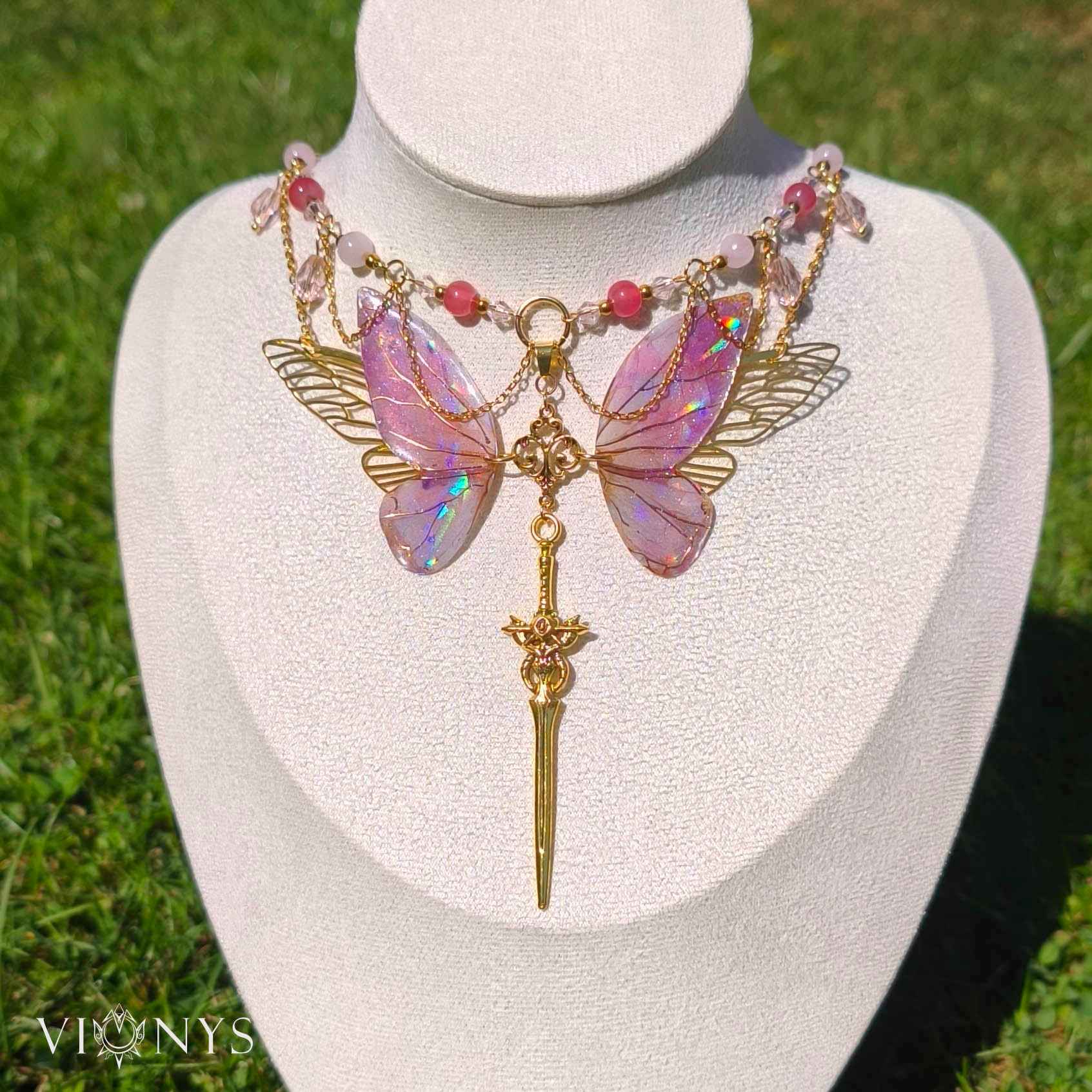 Golden fantasy butterfly necklace with Rose quartz - Lesianna