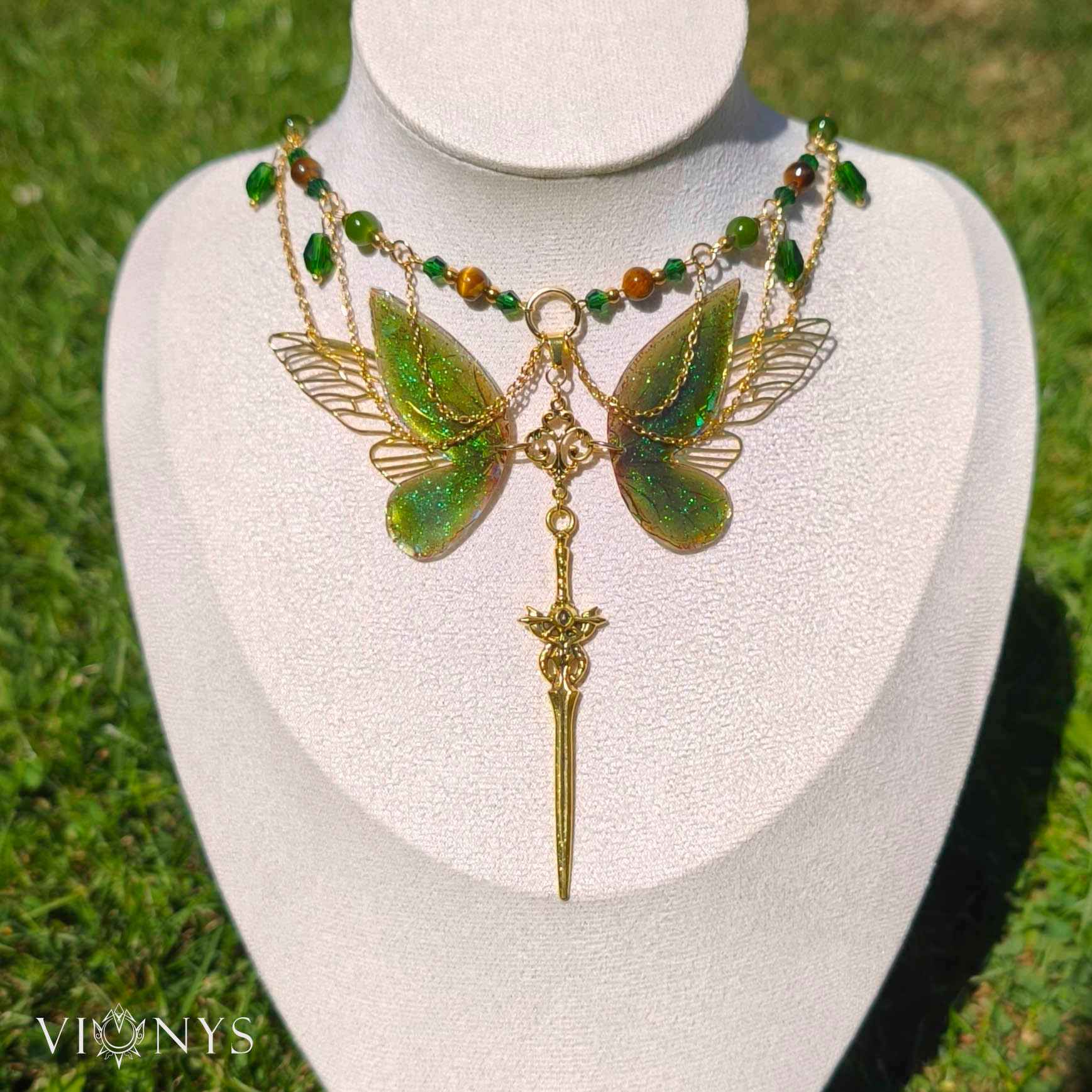 Golden fantasy butterfly necklace with Tiger's Eye - Lesianna