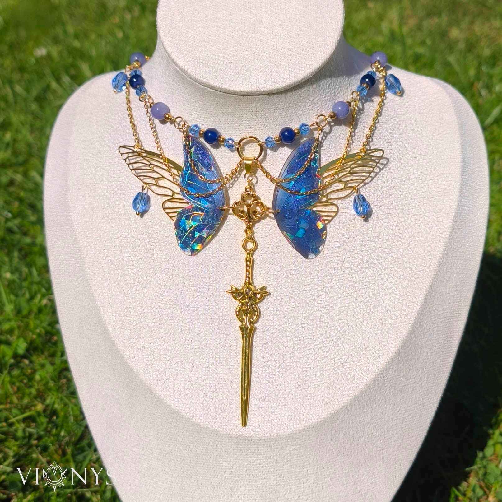 Golden fantasy butterfly necklace with Chalcedony - Lesianna